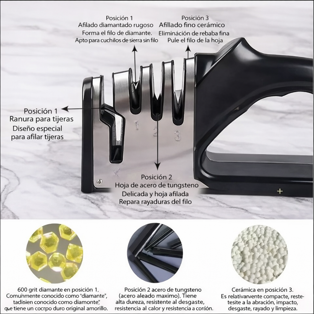 Afilador de cuchillos manual 4 en 1 -Fácil y seguro.